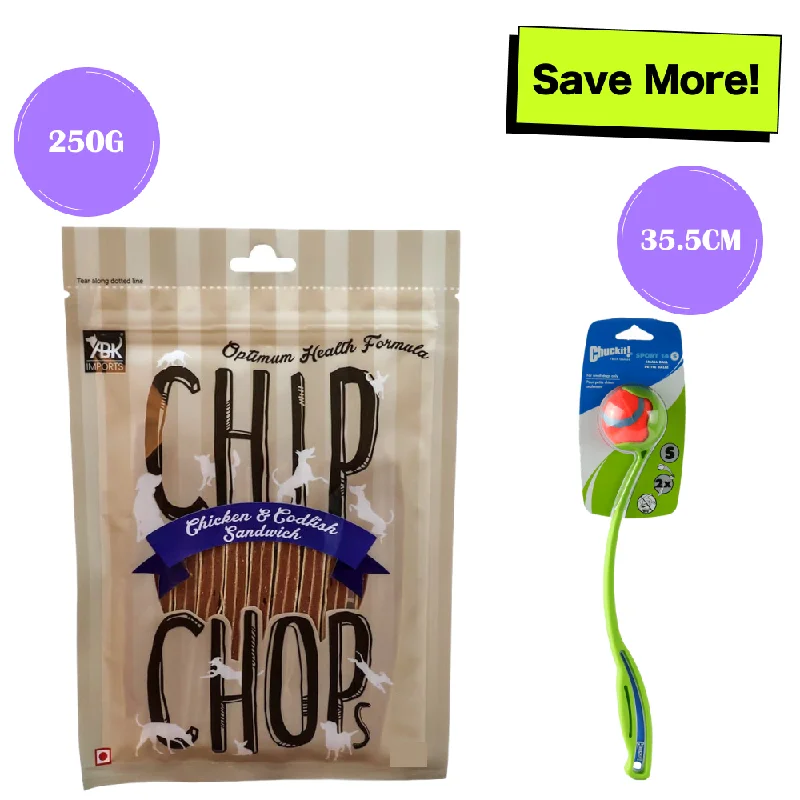 ---Chip Chops Chicken & Codfish Sandwich Treats & Chuckit! Sport 14 S Ball Launcher Toy Combo for Dogs