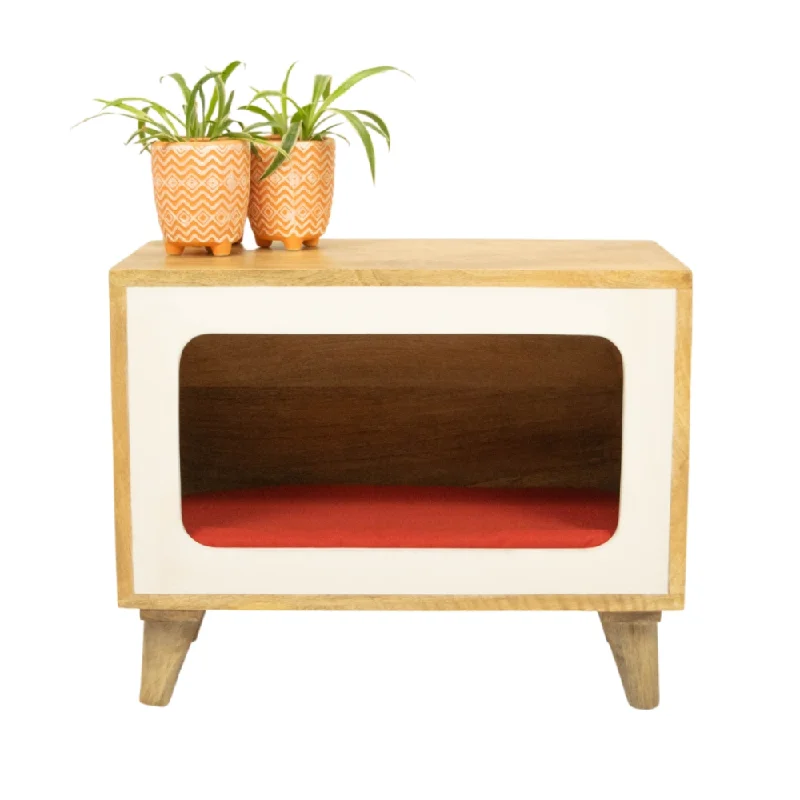 - Remote interactive pet feederFurryLiving Telly Side Table with Cushion for Small Dogs and Cats (Oak/Red Cushion)