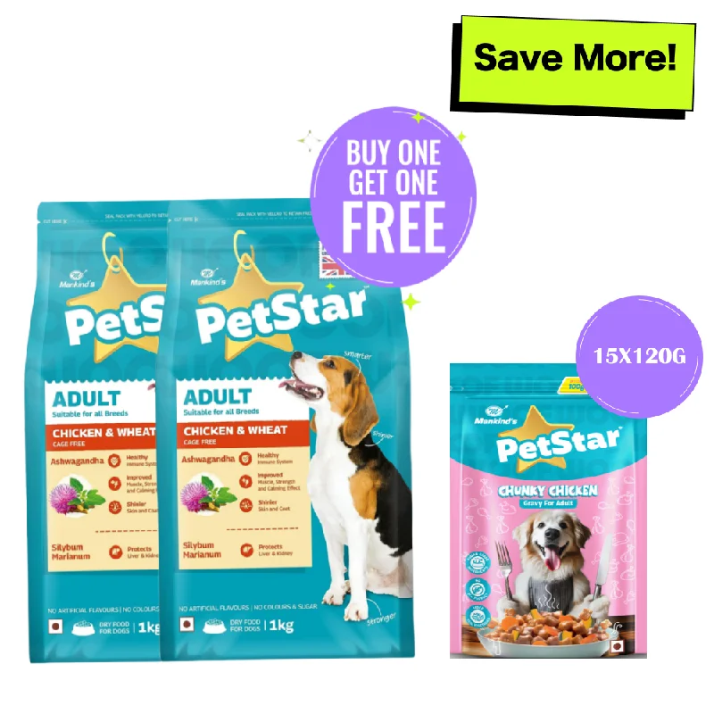  -Splash-proof food bowl AND Anti-choking slow food bowlMankind Petstar Chicken and Wheat Adult Dog Dry Food and Chunky Chicken Gravy Adult Dog Wet Food Combo