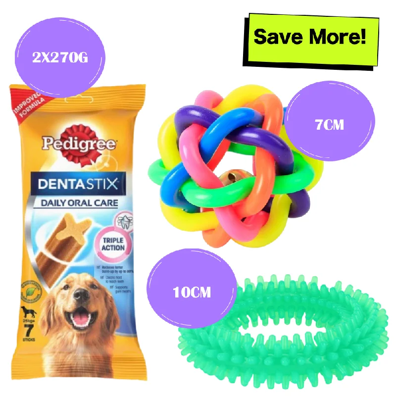 - Degradable pet feces bagPedigree Dentastix Oral Care for Adult (Large Breed of 25 kg+) Treats, Basil Teething Ring Chew Toy and Pet Vogue Bouncy Rubber Ball for Dogs Combo