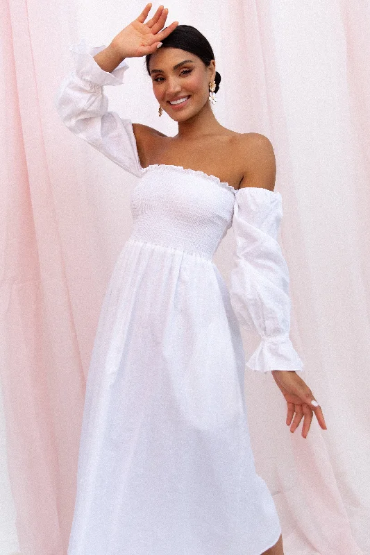 - Car dog seat beltDomenica Shirred Long Sleeve Midi Dress - White