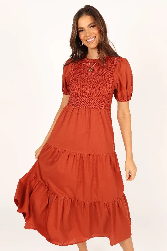 -Splash-proof food bowl AND Anti-choking slow food bowlNaura Shirred Tiered Midi Dress - Rust -Splash-proof food bowl AND Anti-choking slow food bowlNaura Shirred Tiered Midi Dress - Rust