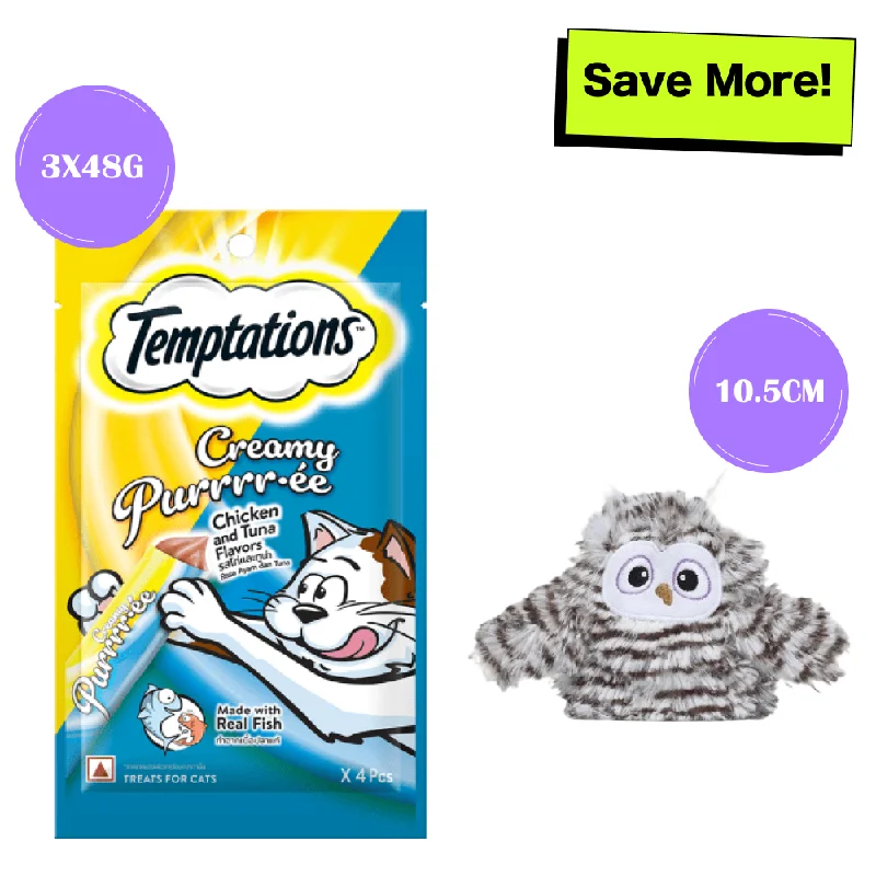 - Foldable and portable cat bagTemptations Creamy Purrrr ee Chicken & Tuna Treats and Fofos Flapping Owl Chirping Interactive Toy for Cats Combo - Foldable and portable cat bagTemptations Creamy Purrrr ee Chicken & Tuna Treats and Fofos Flapping Owl Chirping Interactive Toy for Cats Combo