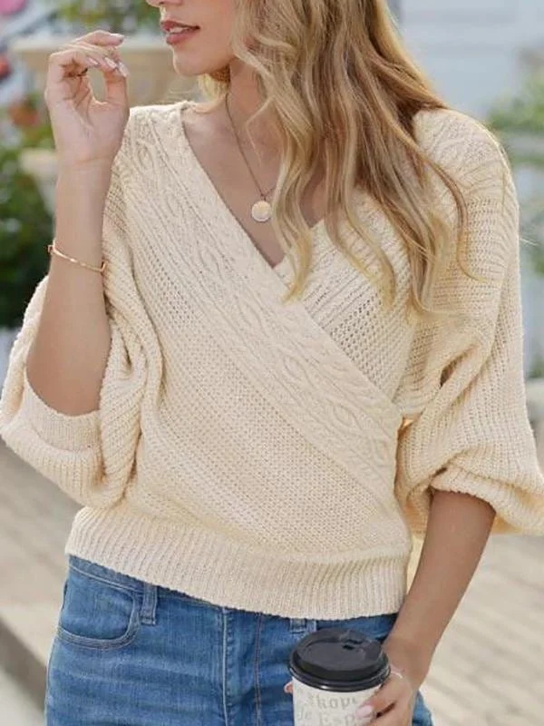 Lantern Sleeve Surplice Cable Knit Sweater