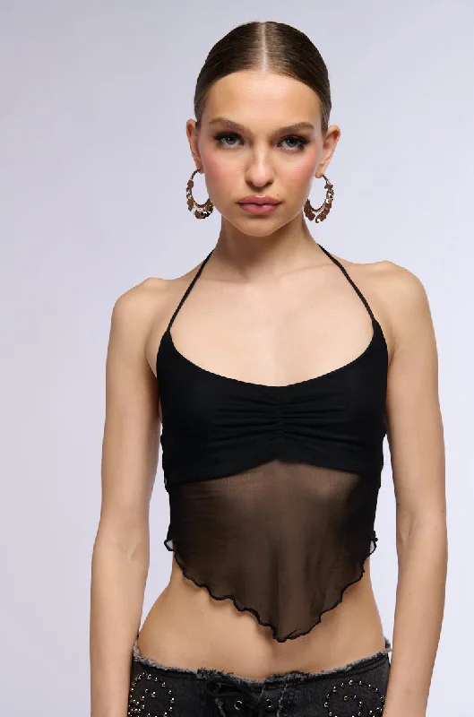 ALL YOUR LOVE HALTER TIE NECK MESH CROP TANK IN BLACK