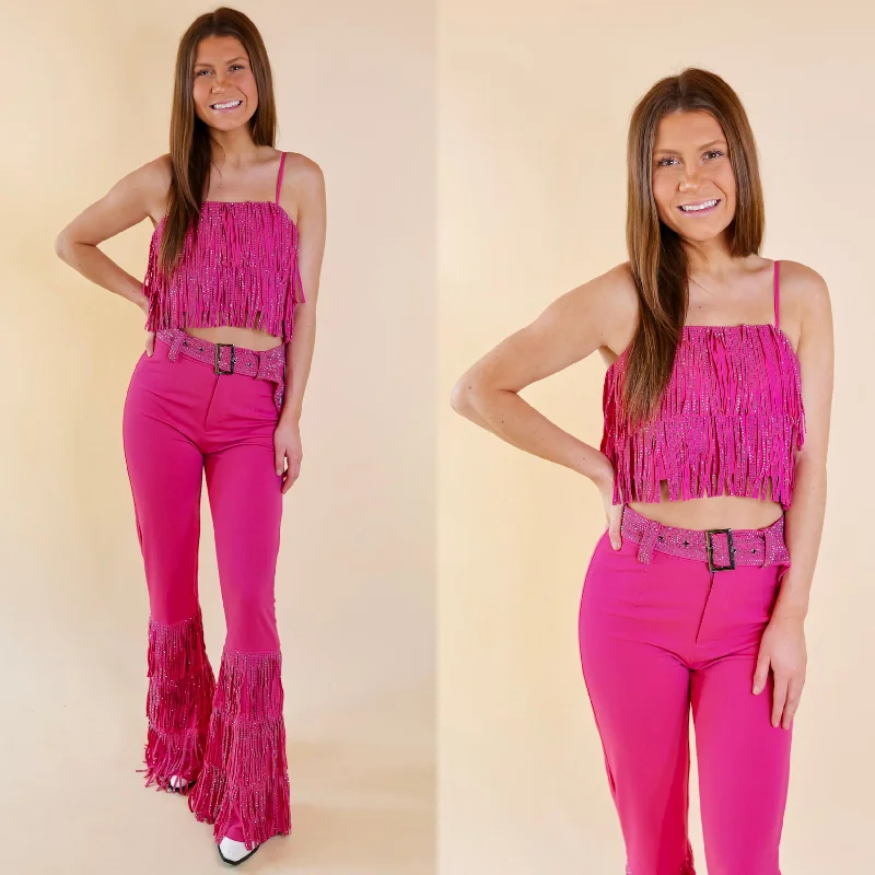 Last Chance Size Large | Cowboy Killer Crystal Fringe Crop Top in Pink