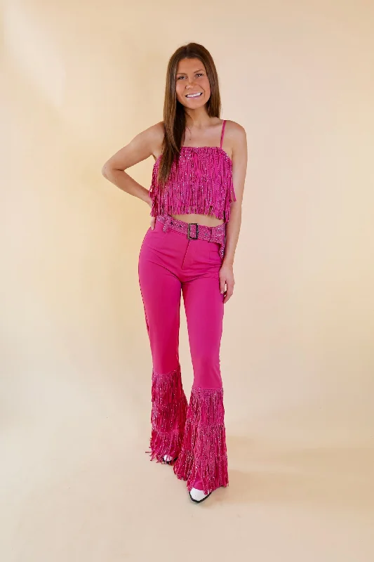 Last Chance Size Large | Cowboy Killer Crystal Fringe Crop Top in Pink