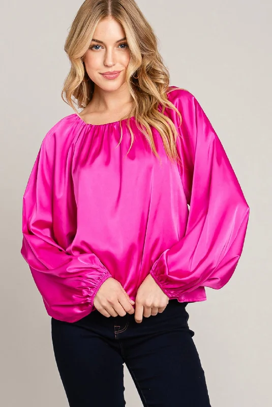 Fuchsia Satin Bubble Sleeve Top