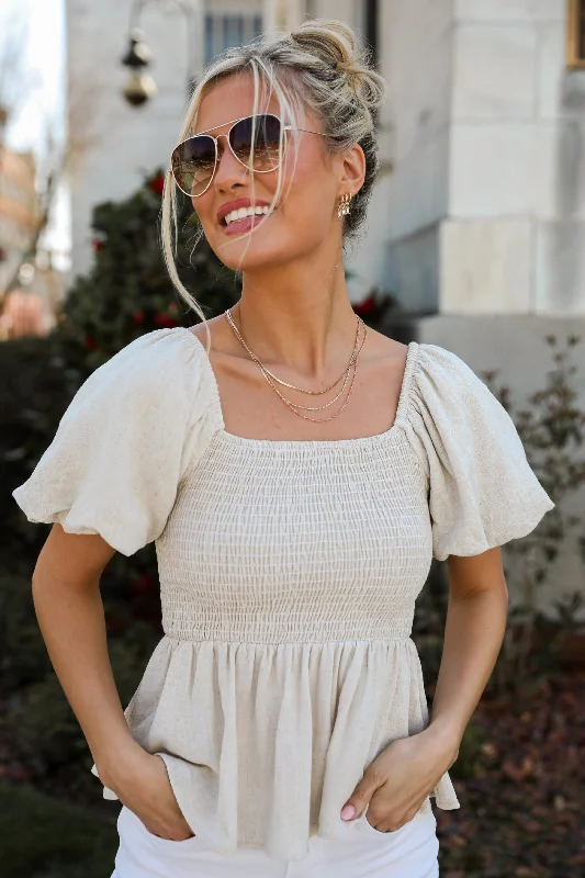 Sunny Day Strolls Natural Linen Smocked Peplum Blouse