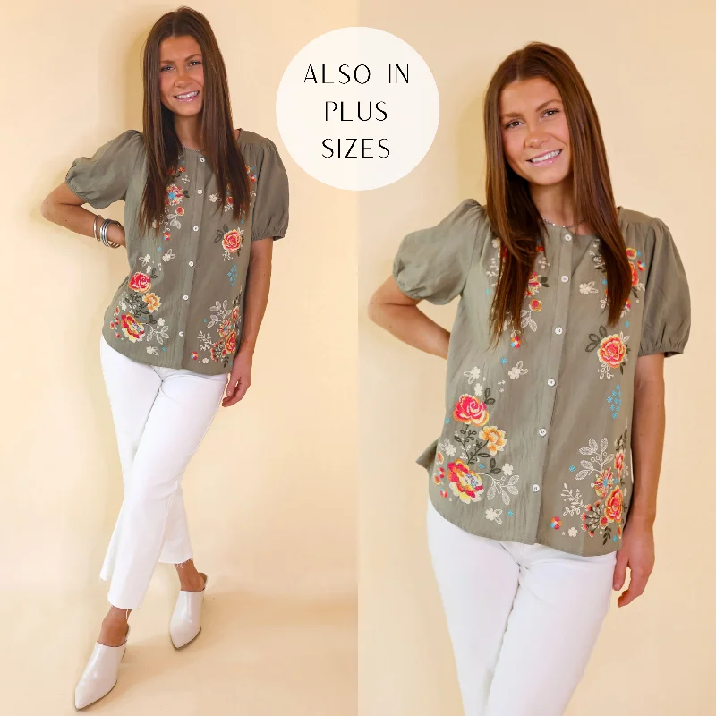 Sunny Forecast Button Up Floral Embroidered Top in Dusty Olive Green