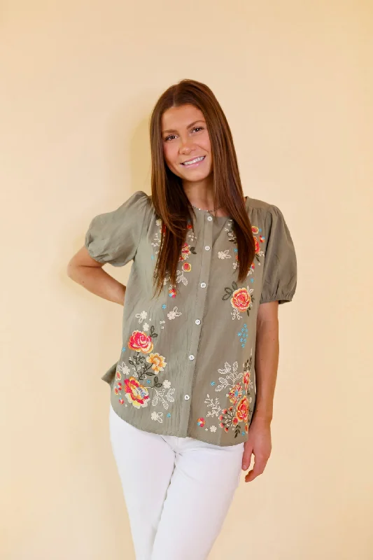 Sunny Forecast Button Up Floral Embroidered Top in Dusty Olive Green