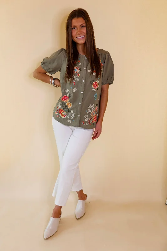 Sunny Forecast Button Up Floral Embroidered Top in Dusty Olive Green