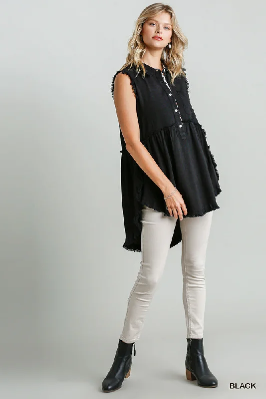 Hot Girl Linen Buttoned Frayed Hem Tunic Top In Black Short Sleeve Top