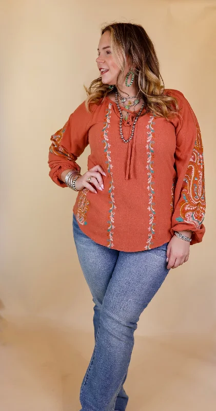 Warm Personality Floral Embroidered Long Sleeve Top with Front Keyhole and Tie in Clay Orange