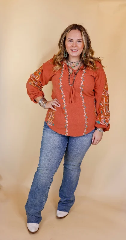 Warm Personality Floral Embroidered Long Sleeve Top with Front Keyhole and Tie in Clay Orange