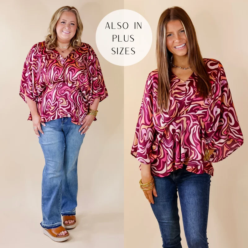 Hear the Music Drop Sleeve Swirl Print V Neck Peplum Top in Magenta Purple