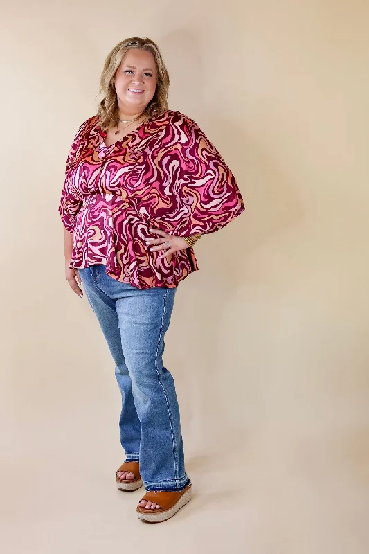 Hear the Music Drop Sleeve Swirl Print V Neck Peplum Top in Magenta Purple