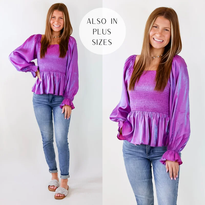 Perfect Vision Smocked Long Sleeve Top in Iridescent Purple