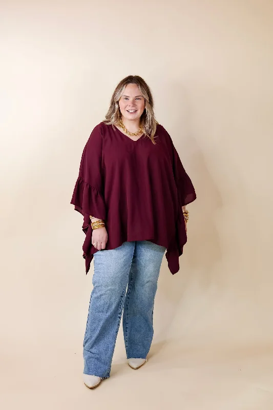 Secret Strength Ruffle Detail Poncho Top in Maroon