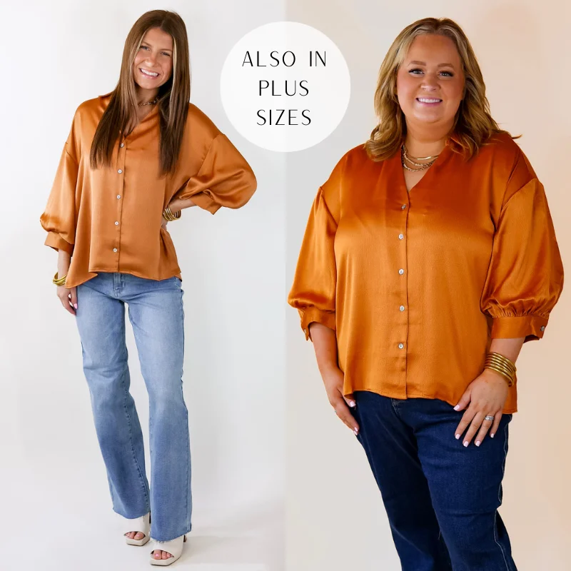 Sweet Notion Button Up 3/4 Balloon Sleeve Top in Pumpkin Orange