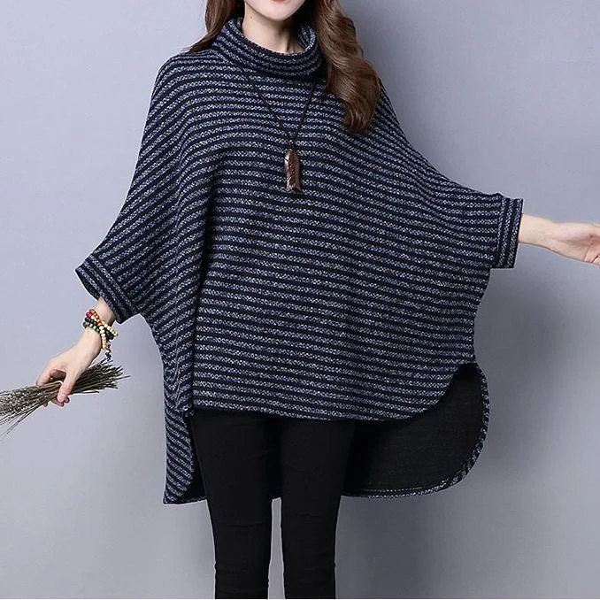 2017 new batwing knit blouse dark blue oversize casual bracelet sleeved tops