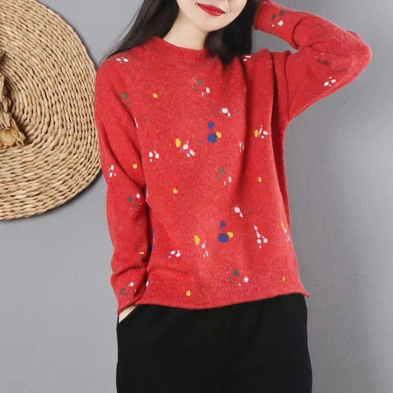 Aesthetic red print knitted t shirt plus size o neck knitwear long sleeve