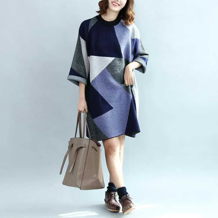 autumn fashion geometric patchwork cotton knit dresses plus size sweater dress