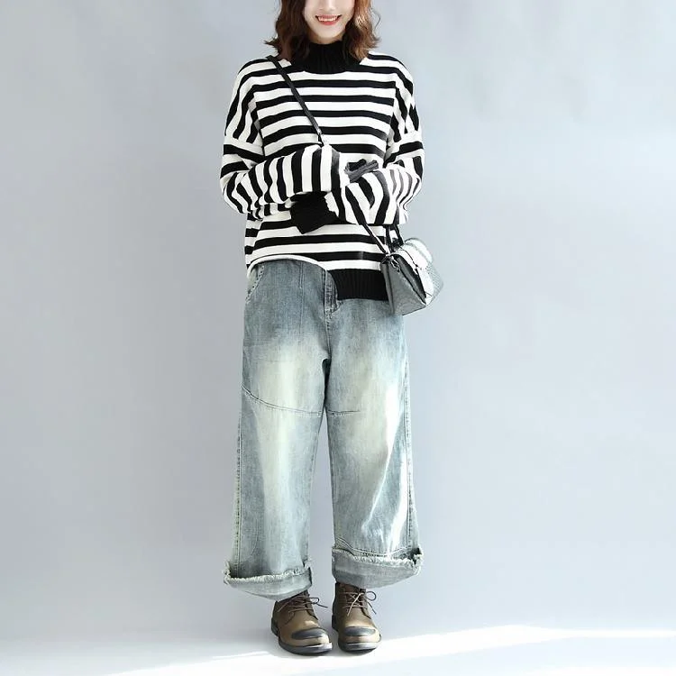 black white striped cotton knit tops plus size 2017 fall asymmetric design sweater