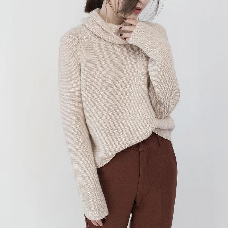 boutique beige sweaters oversize high neck knitted tops Fine baggy fall blouse