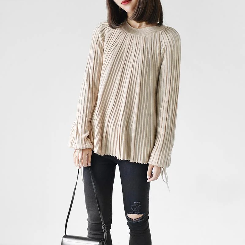 Cream long sleeve casual tops knit blouse oversize shirts pleated top