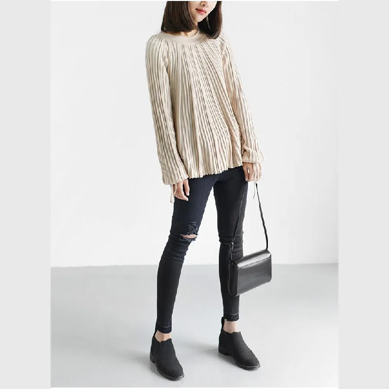 Cream long sleeve casual tops knit blouse oversize shirts pleated top