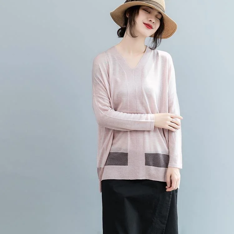 Fine pink  sweater oversize v neck knitted tops casual batwing sleeve t shirt