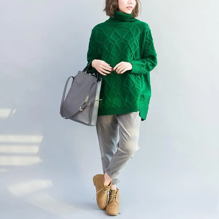 Green Cotton Big Knit Pullover Oversize Woolen Cable Knit Sweater