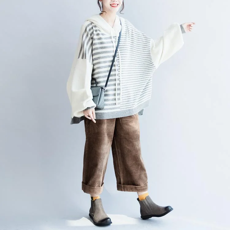 new  winter striped patchwork woolen sweater hooded plus size knit tops