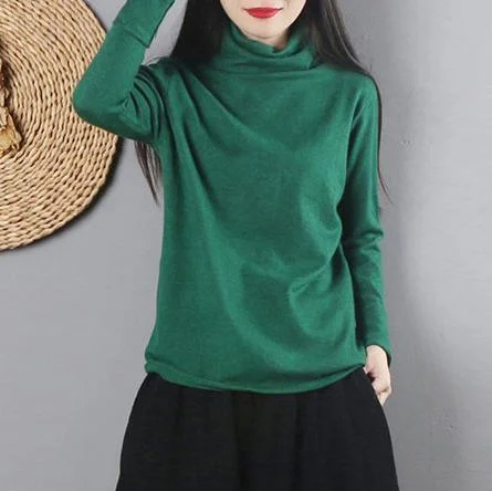 Oversized green knit blouse Loose fitting high neck knitwear long sleeve