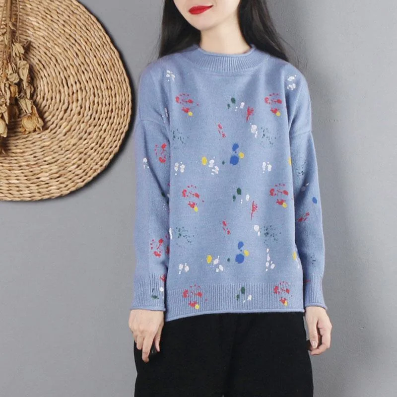 Oversized o neck blue print sweaters oversize long sleeve knit blouse