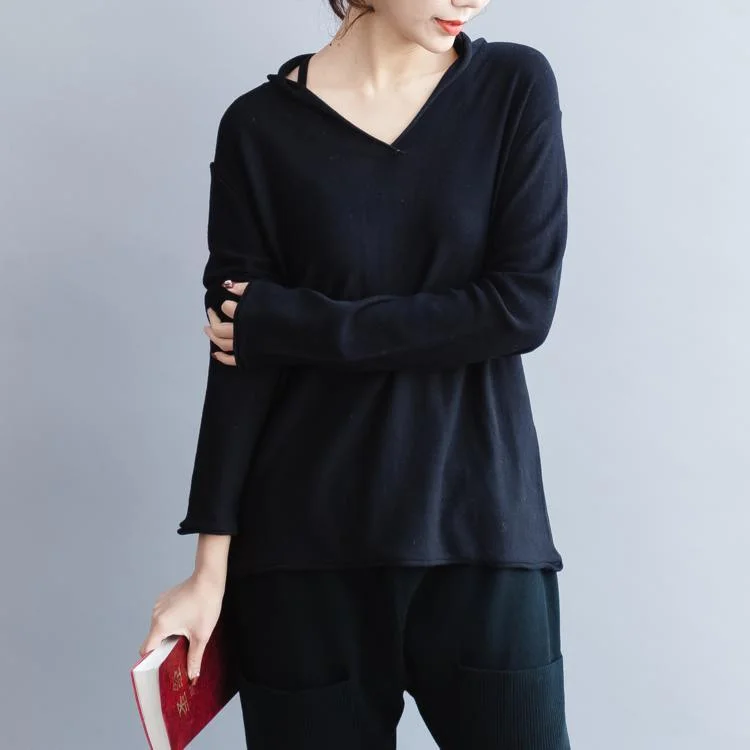 stylish black  sweater Loose fitting v neck knitted tops vintage wild winter shirt