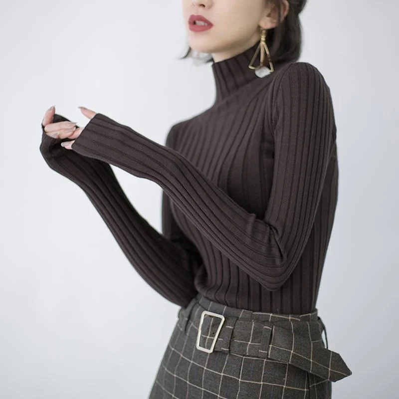 stylish chocolate sweaters oversize high neck knitted blouses Fine side open blouse