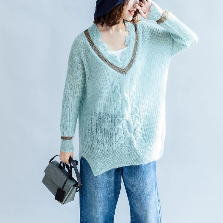 stylish light green cozy sweater Loose fitting v neck pullover 2018side open winter shirt