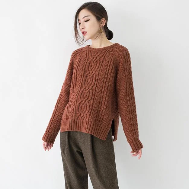 vintage chocolate chunky knit tops plus size O neck side open knit sweat tops Elegant cable knit blouse