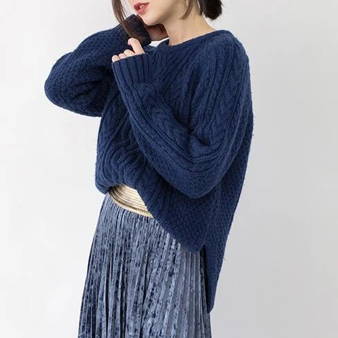 women blue chunky sweaters oversized O neck side open knitted blouses     vintage cable knit shirt