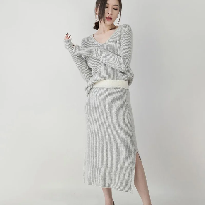 women gray knit sweaters plus size clothing v neck knitted blouses vintage side open skirt two pieces