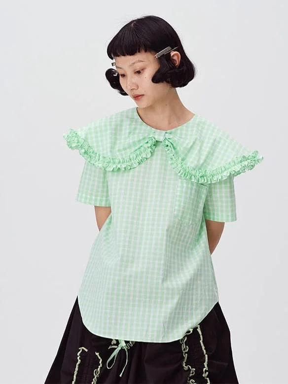 Short-Sleeved Plaid Doll Collar Shirt